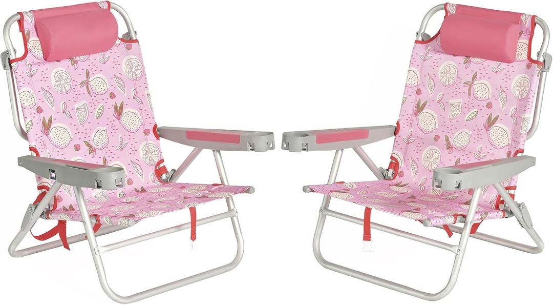 SUNNYFEEL Extra Wide Low Beach Chair 2 Pack 5 Position Lay, XL Oversized Portable Folding Camping Chairs with Cup Holder for Outdoor/Sand, Foldable Backpack Beach Chair for Adults Heavy Duty 500 LBS, 