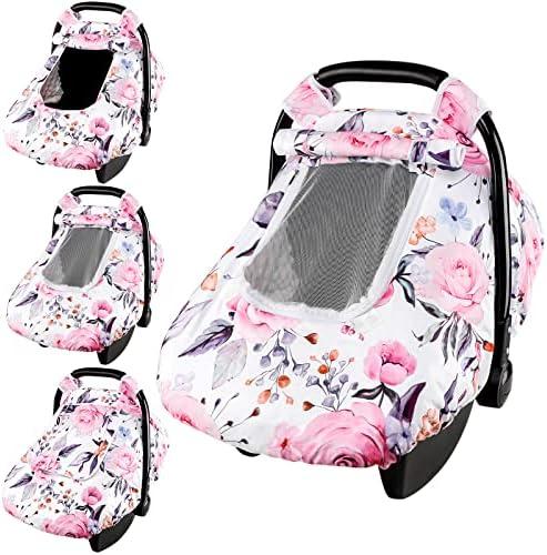 Floral Baby Carseat Cover Girls, Pea Pod Infant Car Seat Covers Canopy for Newborn with 2 Layers Windows of Breathable Mesh/Fabric, Lightweight Polyester/Minky Dot Backing, Snug Fit Most Baby Car Seat