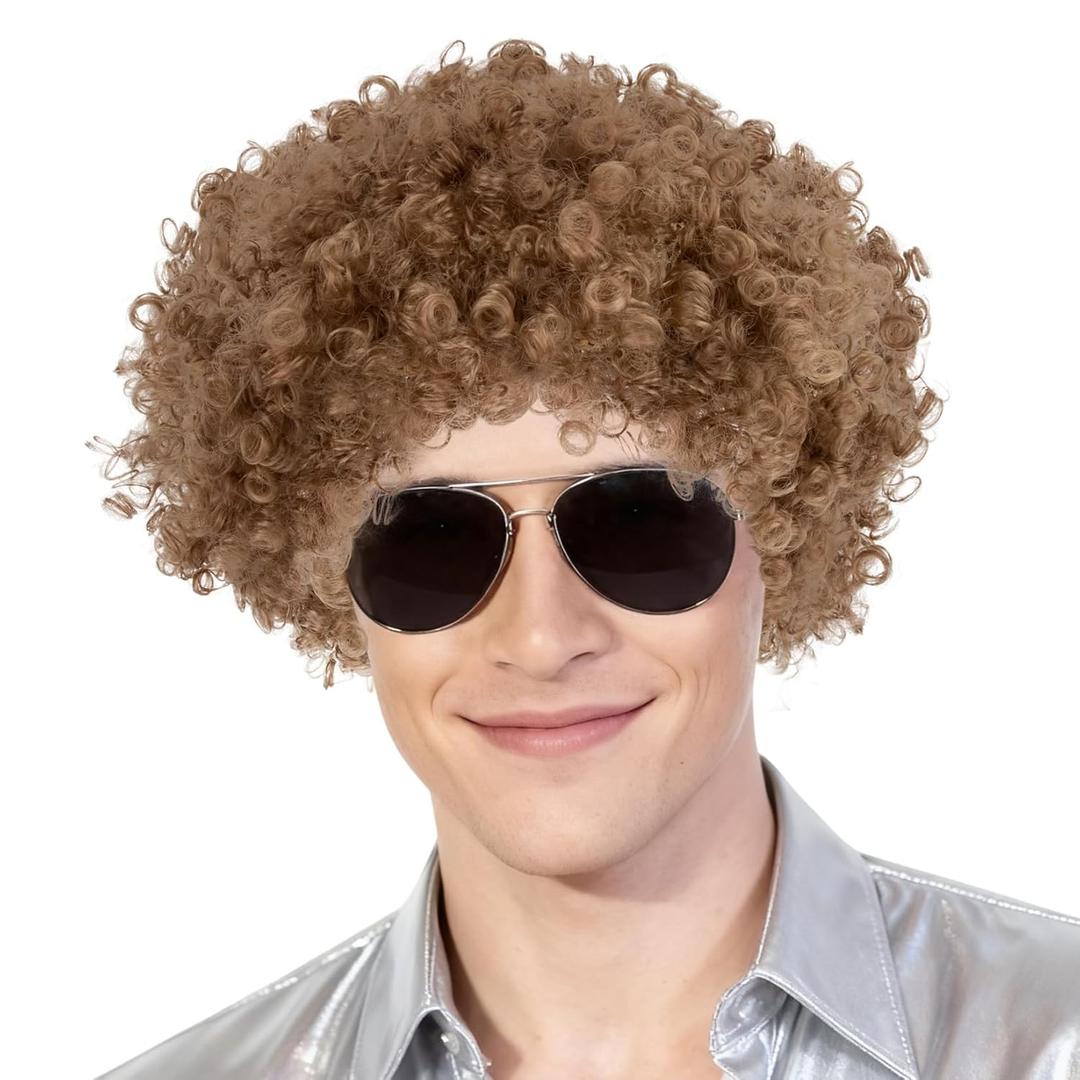 Fluffy Afro Wig - Light Brown Short Curly Synthetic Wig for Men & Women,70s 80s Costume Wig for Cosplay, Halloween Christmas Party