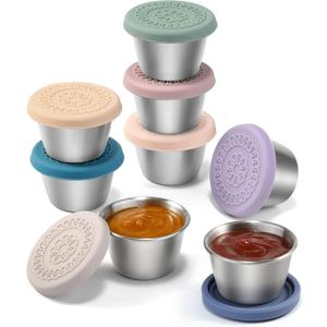 [8 Pack] Salad Dressing Container To Go, 2.4oz Small Condiment Containers with Leakproof Silicone Lids, Reusable Stainless Steel Sauce Cups for Lunch Bento Box, Picnic and Travel