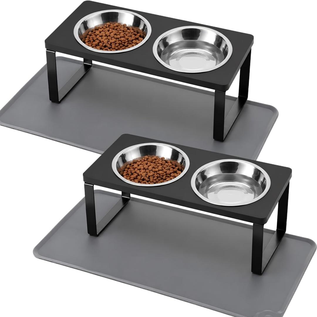 2Pack Elevated Cat Bowls with Food Mat,15Tilted Stand Anti Vomiting Raised Cat Dishes for Food and Water,2 Stainless Steel Bowls for Cats and Puppy,Black