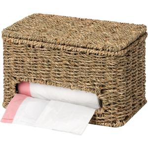 StorageWorks Trash Bag Holder with Lid, Wall Mount Seagrass Plastic Bag Holder for Kitchen, Cabinet and Countertop