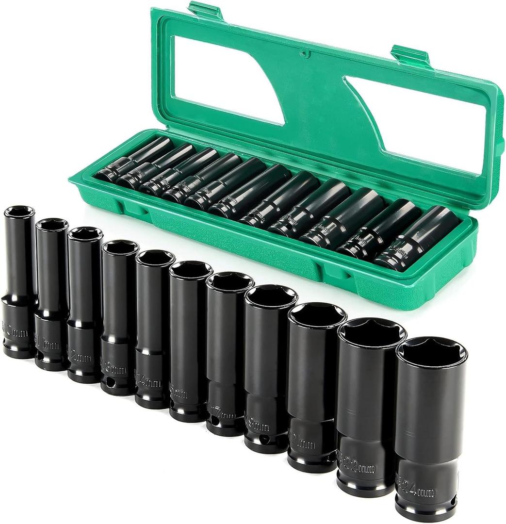 Professional Socket Set Wrench Kit, 11-Piece Metric 10-11-12-13-14-16-17-19-21-22-24mm, High-Torque C-V Steel Sockets for Automotive, Home Repair & DIY Projects