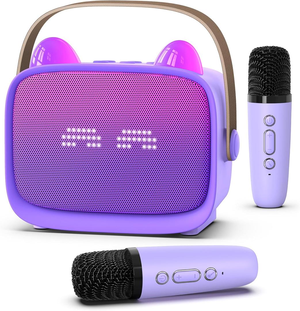 Mgaolo Upgraded Mini Karaoke Machine Toy for Kids, Portable Bluetooth Speaker with 2 Wireless Mics, Emoji & Colorful LED Lights, Home Travel & Party Play Gifts for Boys Girls (Purple)
