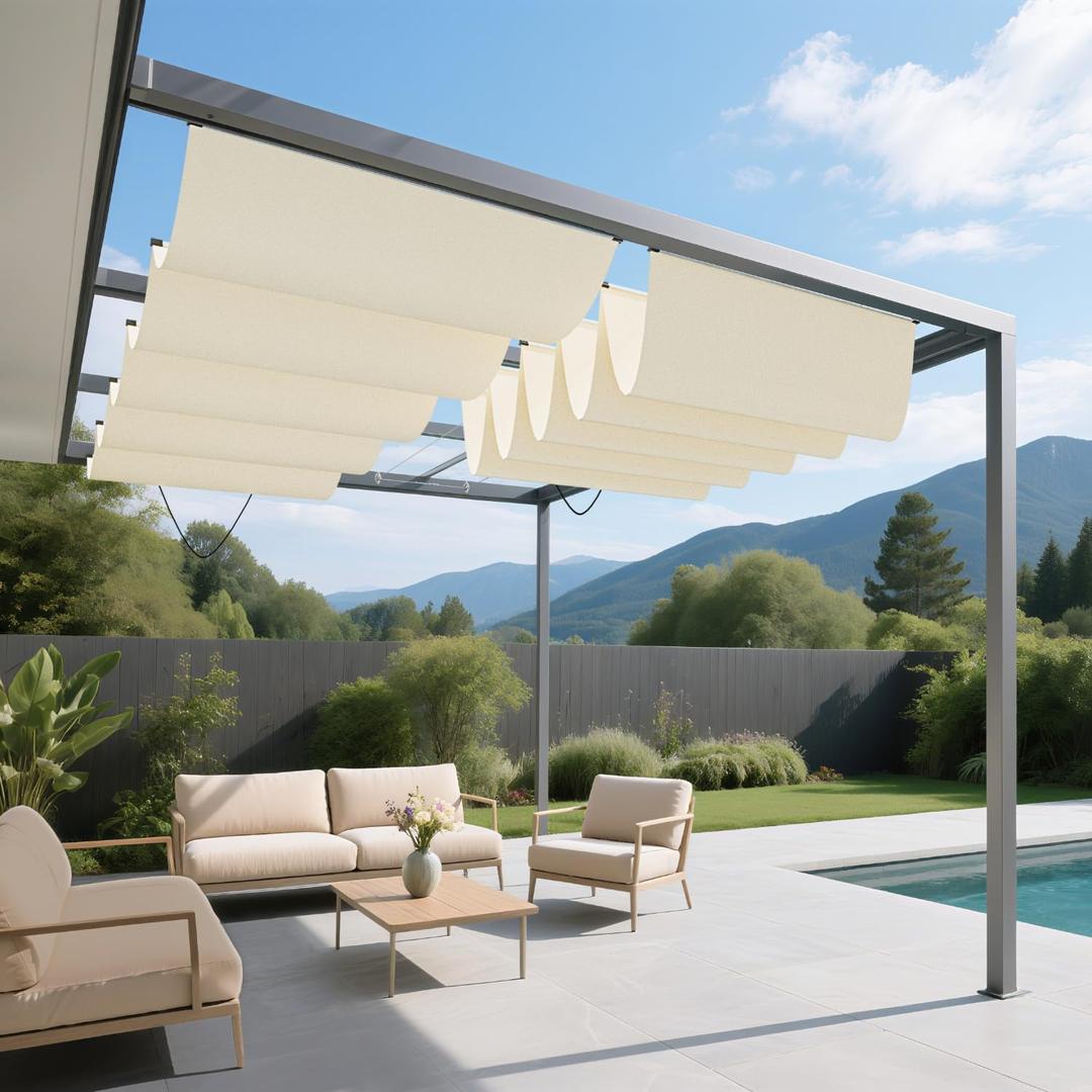 3'x12' Waterproof Retractable Pergola Canopy Shade Cover UV Block Replacement Shade Cloth Outdoor Wave Sunshade Sails with Wire Cables for Deck Porch Garage Backyard Beach, Beige