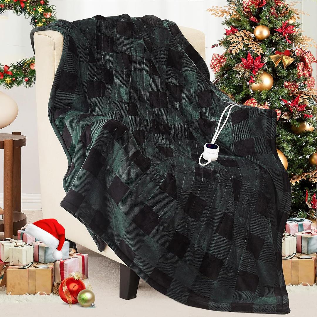 Homemate Electric Blanket Heated Throw - 50x60 Ultra Soft Cozy Flannel Heating Blanket with 10 Fast Heat Levels 8 Hours Auto Off Over-Heated Protection ETL Certification Keep Warm in Home Office (Green-black)