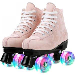 Roller Skates for Women and Men Cowhide High-Top Shoes Classic Double-Row Roller Skate Four-Wheel Roller Skates for Men Girls Unisex Christmas (42 - 10.24in - Women's 9 / Men's 7.5, pink camouflage with flash wheel)