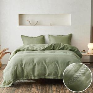 Simple&Opulence 100% Linen Duvet Cover Set with Crossed Embroidery Washed - 3 Pieces (1 Duvet Cover with 2 Pillow Shams) Soft Breathable Farmhouse - Sage Green, King Size