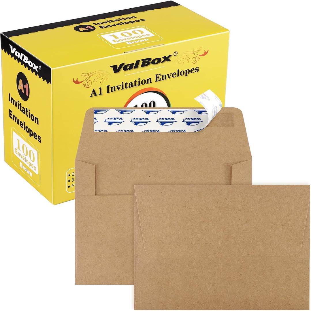 ValBox A1 Invitation Envelopes 100 Qty - 3.5 x 5" Brown Envelopes Self Seal for Invitations, Wedding, Baby Shower, Small Gift Cards, Thank You Notes, RSVP - 5.125 x 3.625 Inches