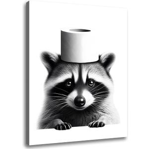 Funny Bathroom Decor Wall Art, Cute Raccoon Toilet Paper Roll Canvas Wall Decor, Humor Farmhouse Animal Wall Art, Black and White Wall Art Decor, Modern Wrapped Canvas Prints Ready to Hang 8"x10" (Ph-005)