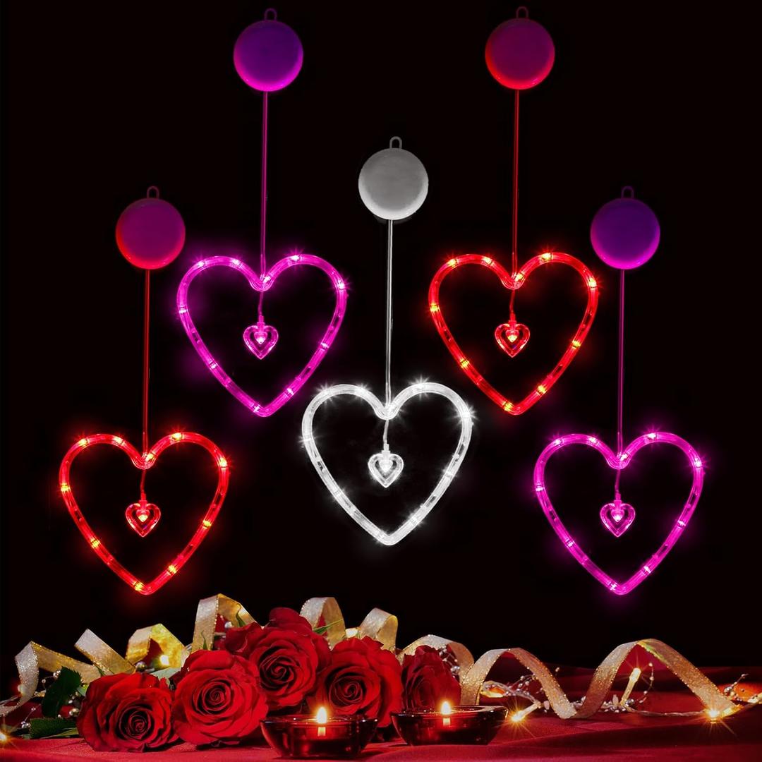 Baquler 5 Pcs Timed ValentineS Day Window Lights Hanging Red Heart Lights with Suction Cup Battery Operated Heart LED for ValentineS Day Anniversary Wedding Home Decor(Red,Pink,White)