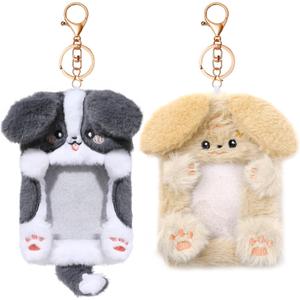 NEWEST 2PCS Puppies Plush Kpop Photocard Holder with Keychain, Cute Dog ID Badge Holder, Soft Cartoon Animal Photo Protective Sleeve Case Card Cover for Kpop Idol Photo Card School Office Card Supply (Border Collie & Labrador)