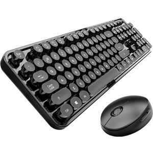Wireless Keyboard and Mouse Combo, Retro Typewriter Style Keyboard with Round Keycaps, 2.4GHz Dropout-Free Connection Mouse with,Computer PC Desktops Laptop WindowsxP/7/8/10 (Black)