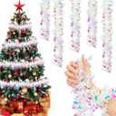 Dilunave 40ft Rainbow Film Glitter Christmas Tinsel Garland with White Snowflakes- Metallic Twist Shiny Hanging Ornament for Xmas Tree, Home Stairs, Indoor Outdoor Party Decoration