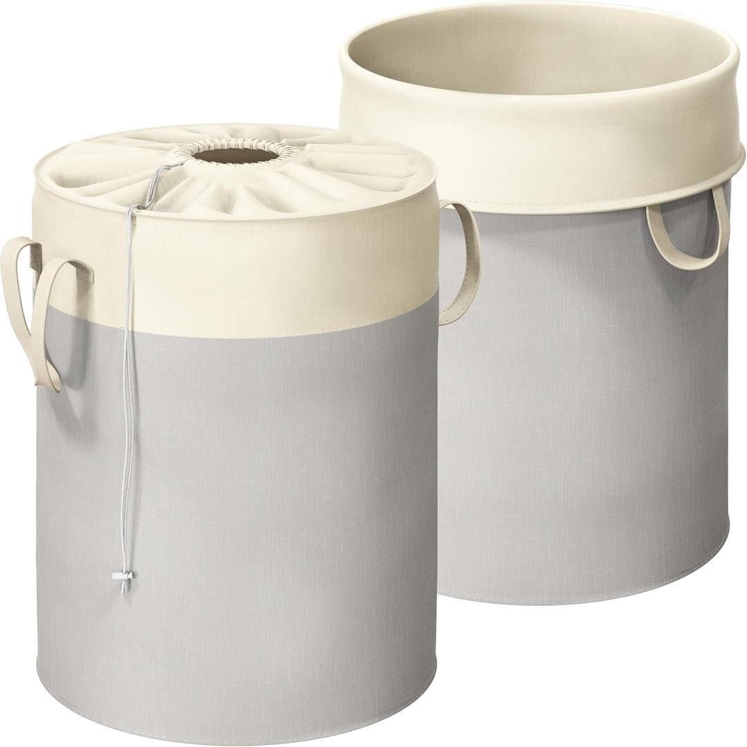 Simple Houseware 74L Collapsible Laundry Hamper, Round Cotton Basket with Drawstring Closure and Handles, 2 Pack, Gray