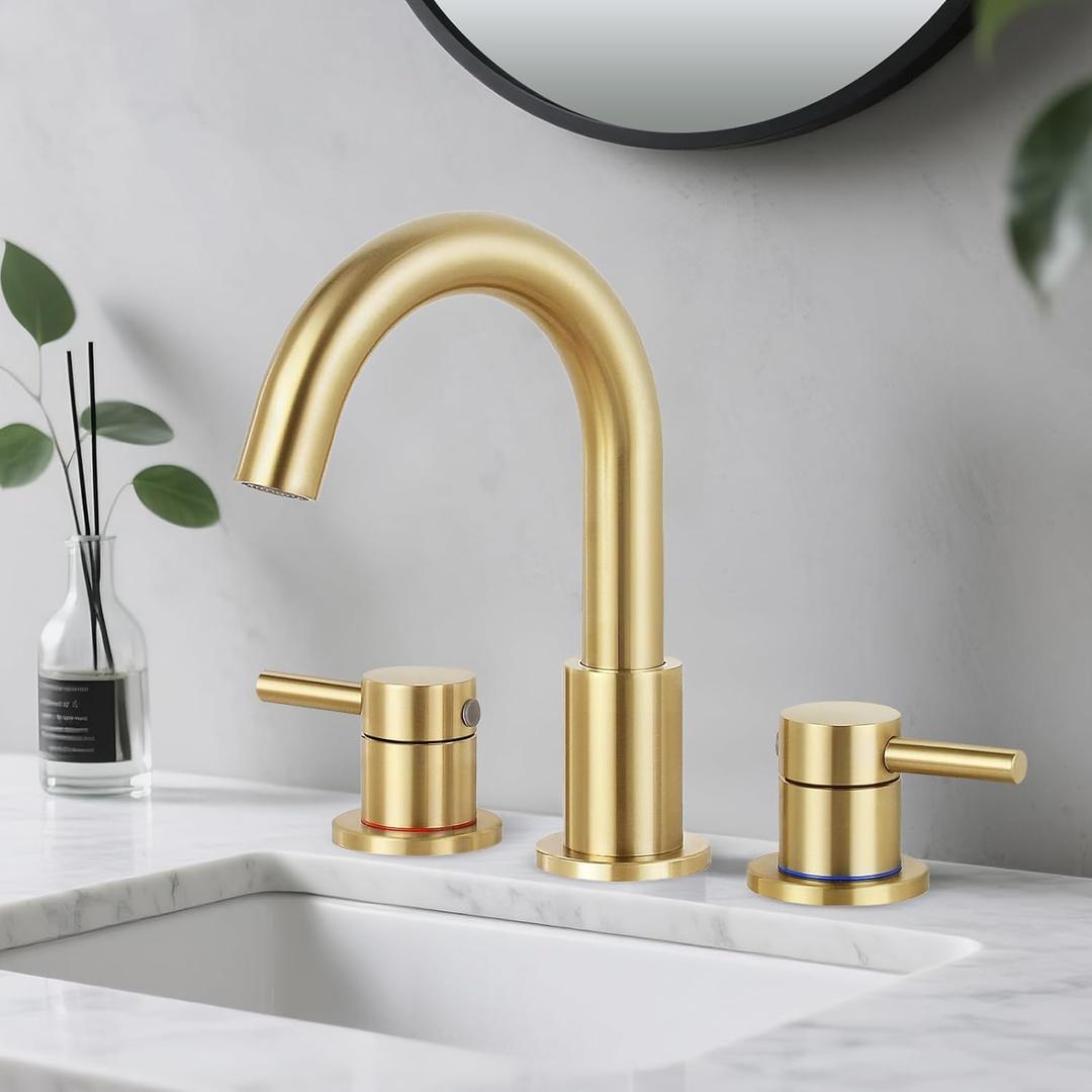 Bathroom Faucet 3 Hole, Brushed Gold Bathroom Sink Faucet with Pop Up Drain, 8 inch Widespread Bathroom Faucet with 360 Swivel Spout, 2 Handle Vanity Faucet with Water Supply Hoses