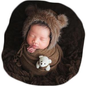 Vemonllas Newborn Photography Props Outfits Girl Boy Teddy Bear Hat with Wrap Stretch Blanket Baby Photo Props (Coffee)