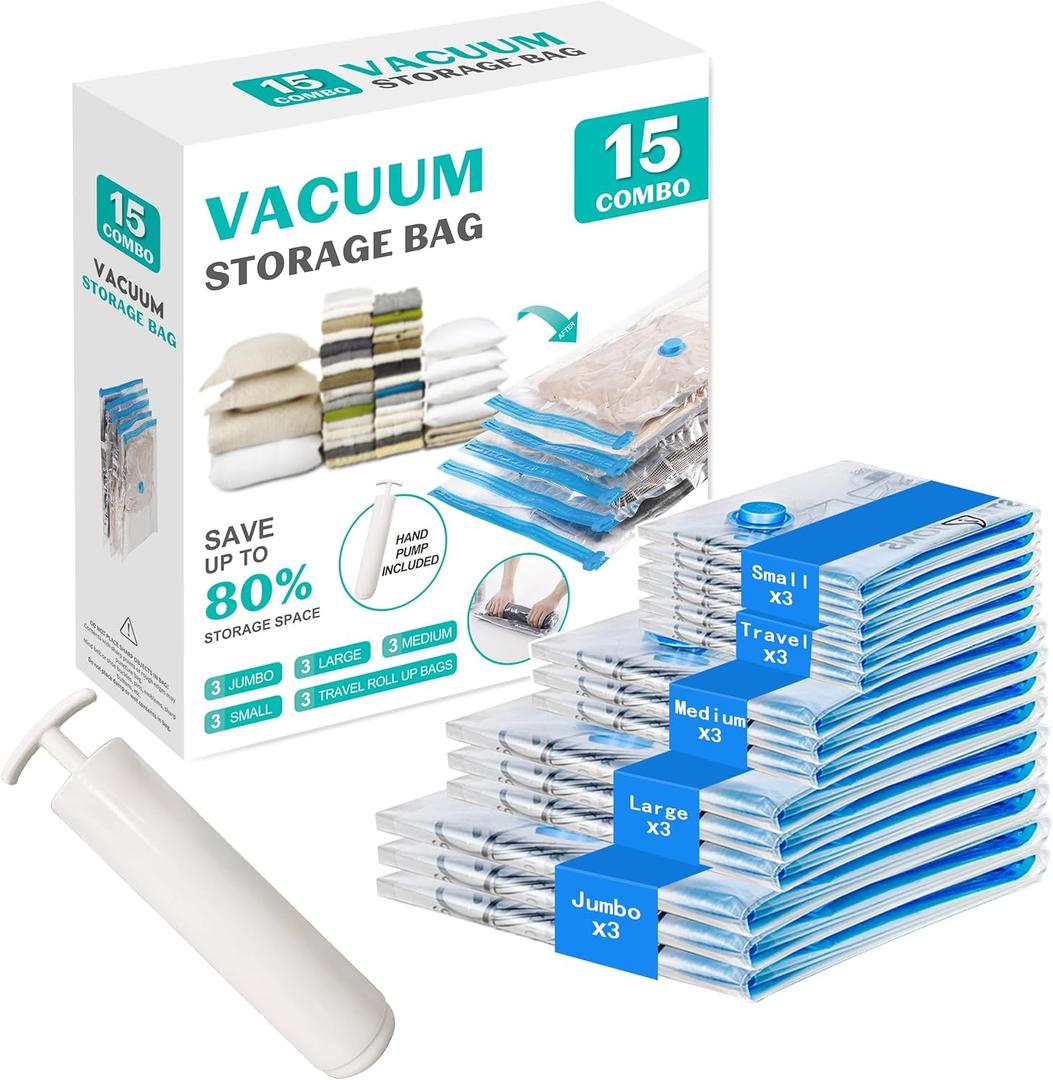Vacuum Seal Bags for Clothing Travel, 15 Combo - Space Saver Vacuum Storage Bags, Blankets Luggage Clothes - Hand Pump Included3 Jumbo, 3 Large, 3 Medium, 3 Small, 3 Roll Up Bags