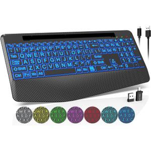 Wireless Keyboard with 7 Colored Backlits, Wrist Rest, Phone Holder, Rechargeable Ergonomic Computer Keyboard with Silent Keys, Full Size Lighted Keyboard for Windows, Mac, PC, Laptop (Large Print)