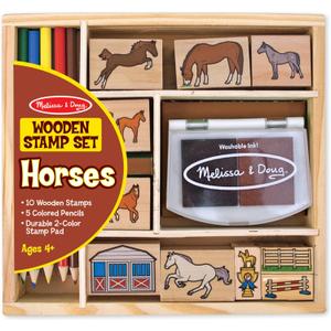 Melissa & Doug Wooden Stamp Activity Set: Horse Stable - 10 Stamps, 5 Colored Pencils, 2-Color Stamp Pad