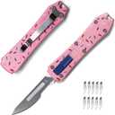 Automatic Utility Knife,All Metal Construction Carbon Stainless Steel Blade,Quick Change Retractable Box Cutter,EDC Push Button with Clip,10PCS #23 Blades Replacement,Pink Doughnut