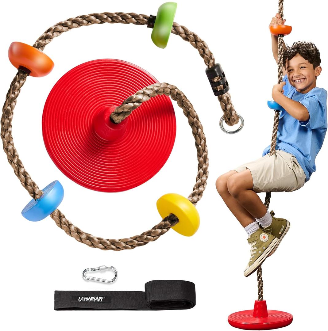 LGENDARY Tree Swing for Kids - Single Disk Outdoor Climbing Rope with Platforms, Carabiner & 2.6 Ft Tree Strap - Playground Accessories - Multicolored
