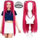 Hot Pink Long Straight Wig with 2 Ponytails for Halloween Costume Cosplay Party, Long Hair with Wig Cap Synthetic Hair for Adults Women Halloween Costume Party Supplies