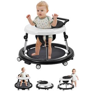 Baby Walker with Wheels: Adjustable Height & Foldable Design, Mute Wheels & Anti-Rollover Feature, Includes Footrest, Perfect for Boys & Girls 6-18 Months (Black)