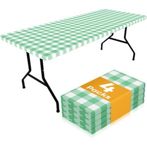 Smiry Picnic Table Cloth 4 Pack, Waterproof Elastic Fitted Tablecloths for 6FT Rectangle Tables, Washable Polyester Buffalo Plaid Tablecloth for Camping& Outdoor (Sage Green & White, 30" x 72")