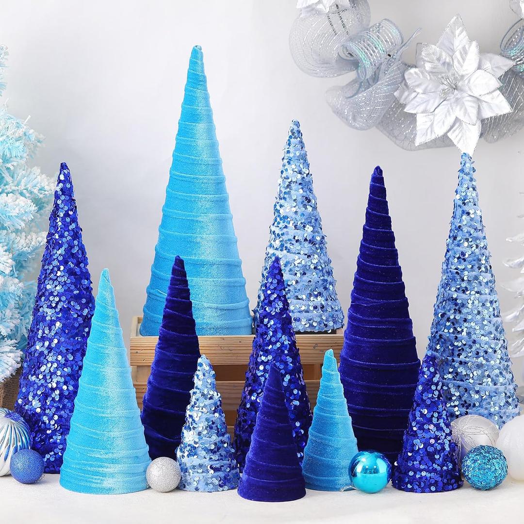 Ireer 12 Pcs Christmas Velvet Trees Set Various Size Velvet Cone Modern Decorations Indoor Table Tree Centerpiece Minimalist Xmas Holiday Winter Home Decor(Blue)