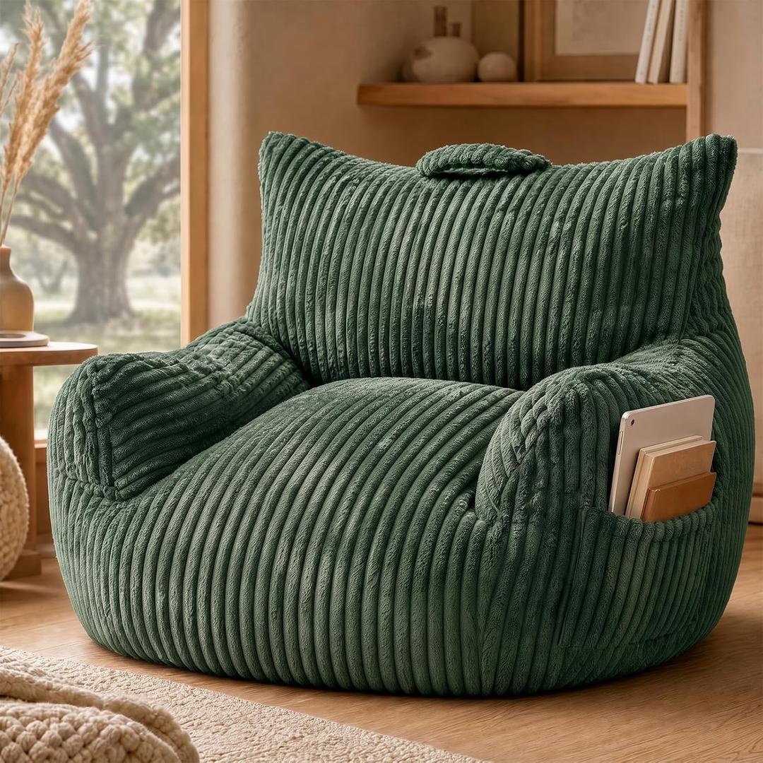 Oversized Faux Fur Bean Bag Chairs for Adults with Handle, Side Pocket & Non-Slip Base, Memory Foam Bean Bag Chair for Living Room Bedroom (Large Stripe Green)
