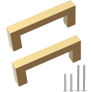 Cabinet Pulls Gold Cabinet Handles Square Drawer Pulls, 2 Pack 3 Inch Stainless Steel Kitchen Door Cupboard Cabinet Handles, Drawer Hardware Handles, 76mm Hole Centers