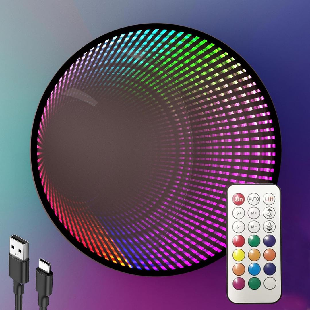 Infinity Mirror Light Round, Remote Controlled, USB Powered LED Wall Decor, Dimmable RGB Color Changing (Black, Remote Control)