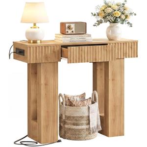 Unikito 39" Console Table with Storage Drawer and Outlets, Fluted Design, 39IN