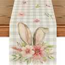 Artoid Mode Buffalo Plaid Bunny Rabbit Ears Flower Easter Table Runner, Spring Summer Seasonal Holiday Kitchen Dining Table Decoration for Indoor Outdoor Home Party Decor 13 x 60 Inch