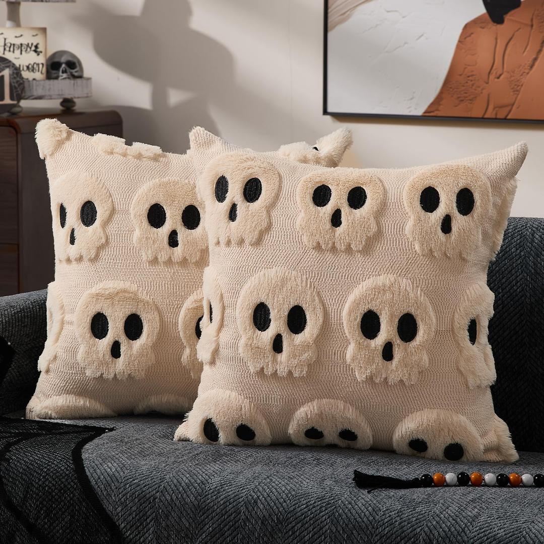 DFXSZ Halloween Pillow Covers 18x18 inch Set of 2 Beige Skeletont Halloween Decorations Soft Plush Faux Fur Wool Couch Cushion Case for Chair Sofa Bedroom Living Room Home Decor PTK04C18