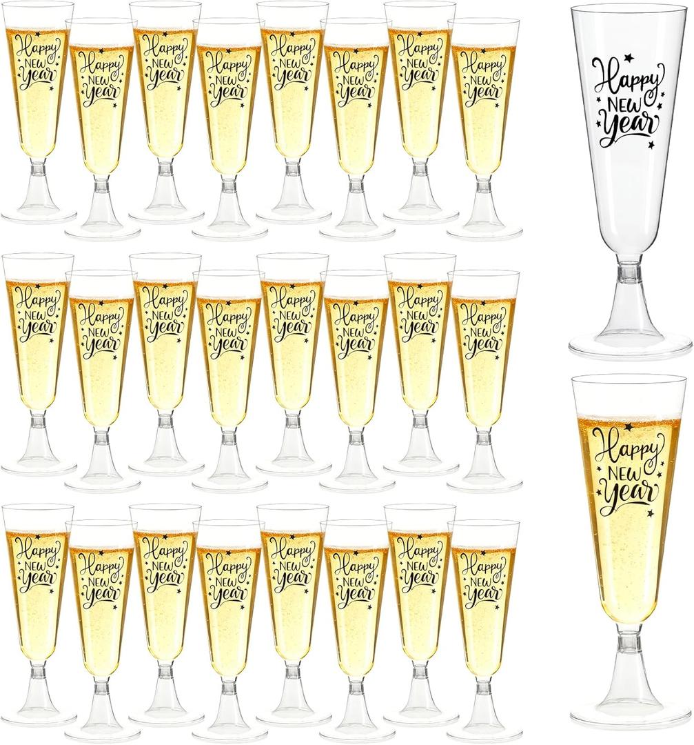 DPKOW Disposable Champagne Flutes New Years Eve Party Supplies 2026, 24 Pack 5 Oz Clear New Years Party Cups Champagne Cocktail Toasting Glasses Disposable HAPPY NEW YEAR Flutes Bulk, Shatterproof