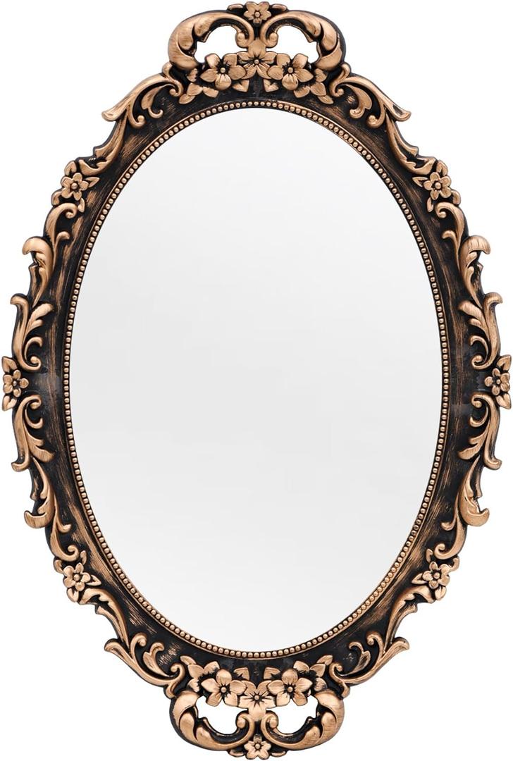 Tstarer Vintage Decorative Gold Framed Mirror, Wall Hanging Mirrors & Tabletop Tray for Bedroom Living Room Dresser Decor, Oval- 9.6" W x 14.3" L (Bronze)