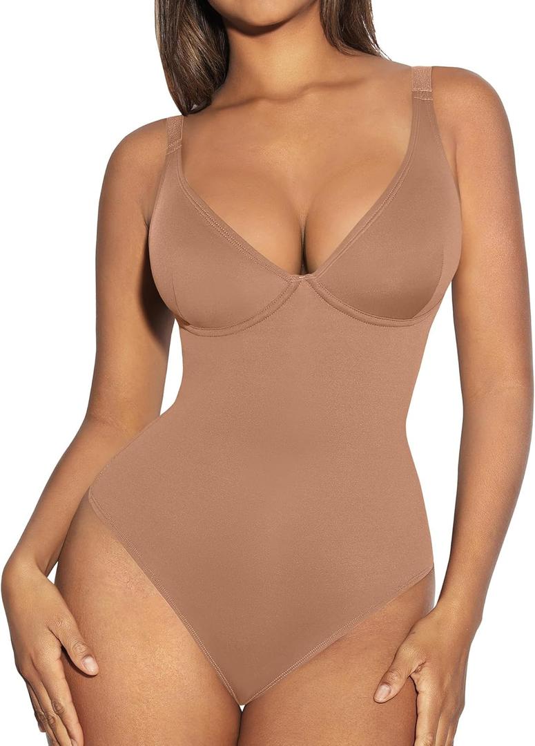 FeelinGirl Shapewear Bodysuits for Women Tummy Control Body Suits Deep V Neck Thong Body Shaper (Medium, Light Coffee)
