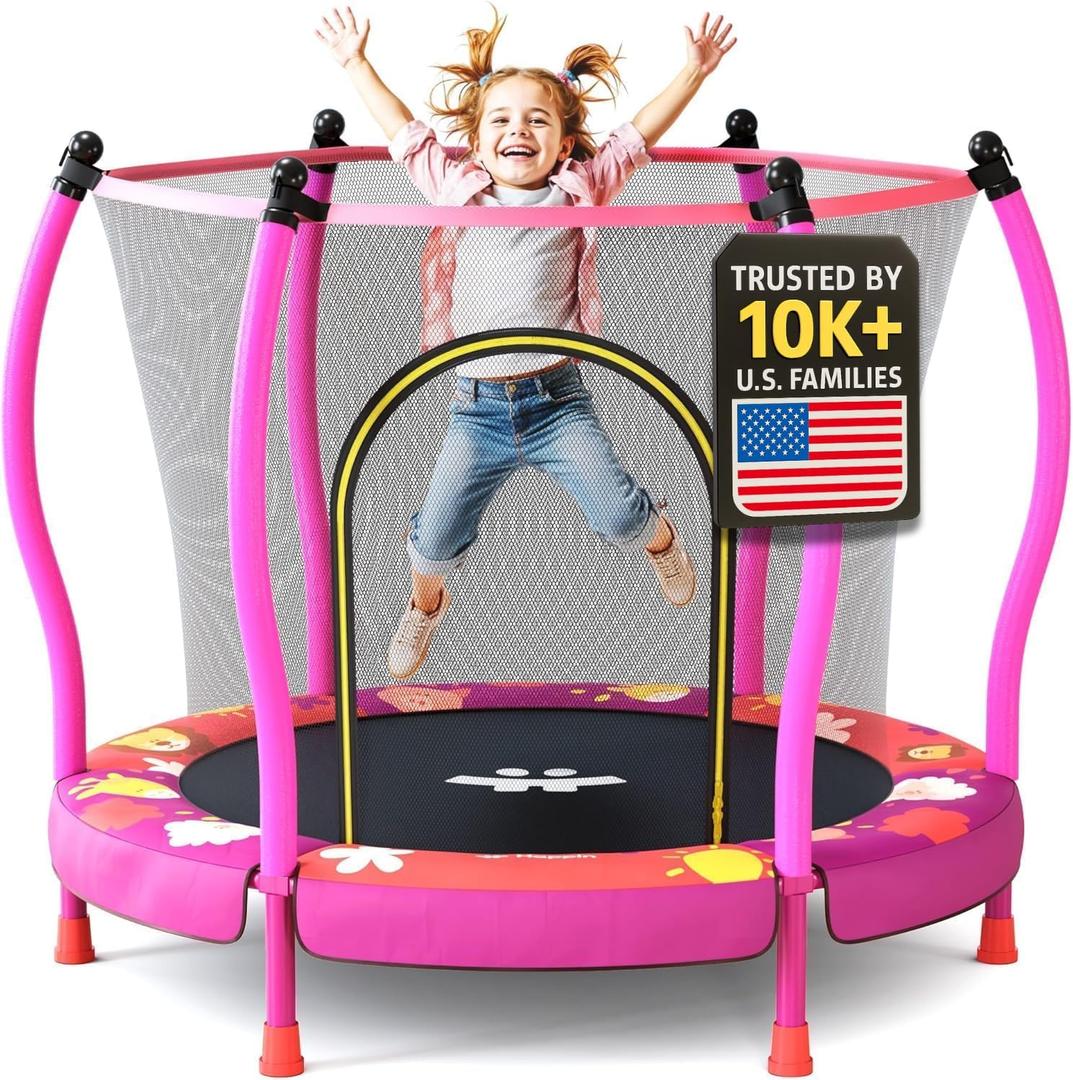 Happin 55 Trampoline for Kids with Safety Enclosure, Indoor & Outdoor Toddler Trampoline, Ultra Safe Design with Multi Activity Accessories, Perfect Toddler Gift for Boys & Girls Ages 18 (Pink)