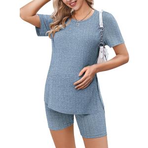 Ekouaer Maternity Sets 2 Piece Outfits Ribbed Knit Short Sleeve Shirts and Biker Shorts Pregnancy Loungewear Mama Clothes (Medium, Blue)