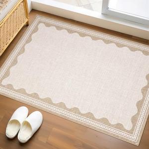 GarveeHome Scalloped Door Mat Indoor Rugs for Entryway Small Rug 2x3 Washable Non-Slip Solid Beige Modern Soft Low-Pile Throw Carpet for Bedroom Kitchen Bathroom Entrance