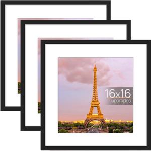 upsimples 16x16 Picture Frame Set of 3, Made of High Definition Glass for 12x12 with Mat or 16x16 Without Mat, Wall and Tabletop Display Photo Frames, Black