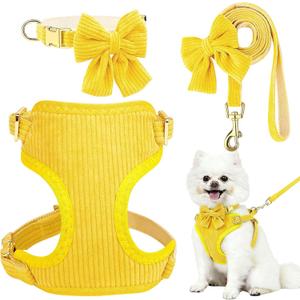 Dog Collar and Leash Set with Bowtie, Girl Dog Collars Metal Buckle Adjustable for Small Medium Dogs (Yellow, S: Neck 10-16", Chest 13-16")
