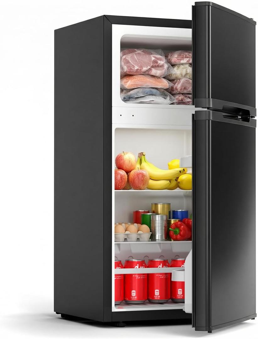 COWSAR 2.5 Cu.Ft Dorm Fridge with Freezer, Double Reversible Door Compact Refrigerator with 2 Removable Shelves, Commercial Drink Fridge for Bedroom, Office, Kitchen, Dorm, Black