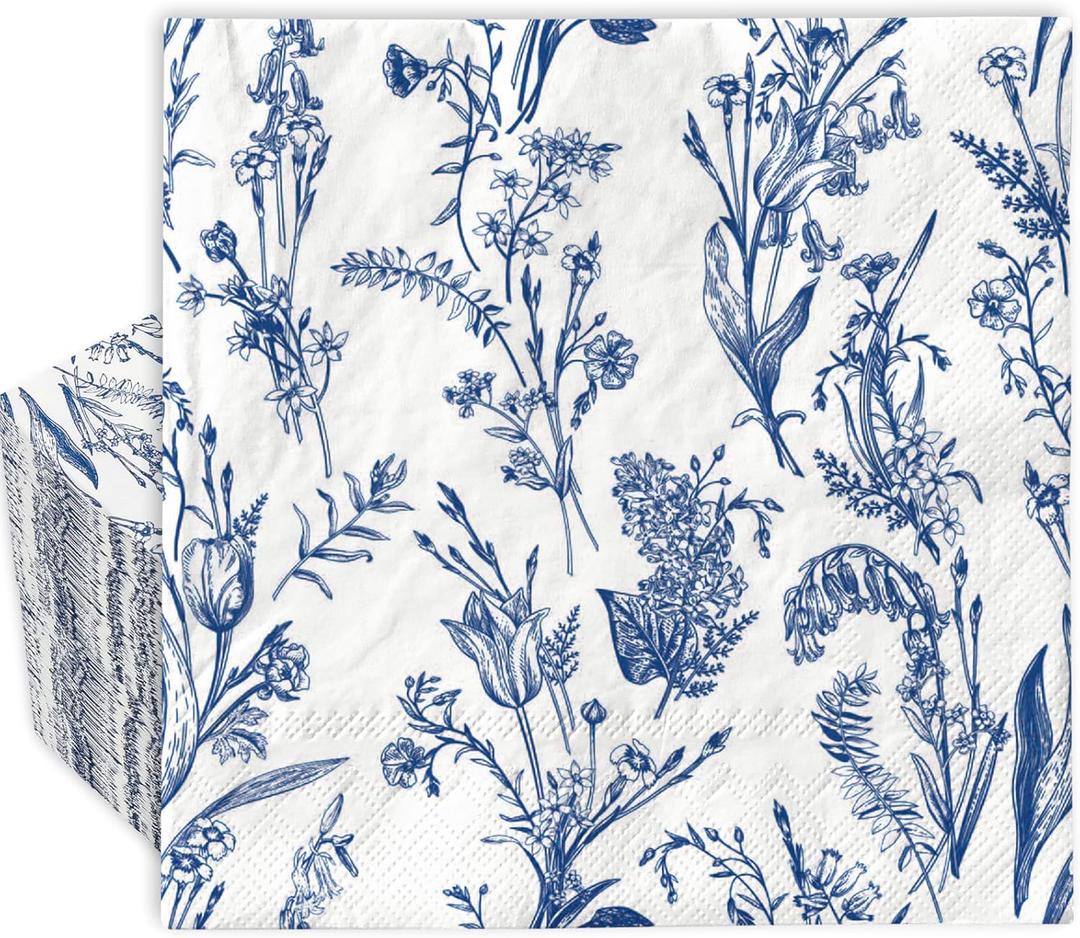 AnyDesign 80 Pack Blue Floral Napkins Vintage Disposable Wildflowers Paper Luncheon Napkins 6.5 x 6.5 Inch Seasonal Dessert Dinner Hand Napkin for Bridal Baby Shower Wedding Tea Party Supplies