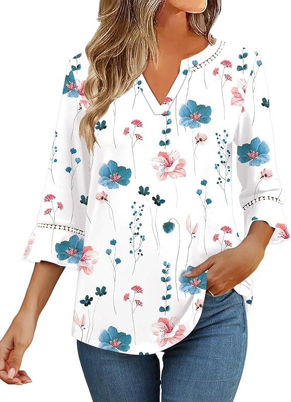 3/4 Length Sleeve Womens Tops Summer Ruffle Sleeve Blouses V-Neck Lace T-Shirts Dressy Casual S