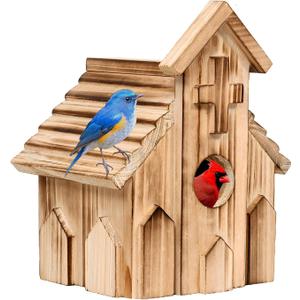 NATUREYLWL Church-Shaped Wooden Birdhouses, Cross Design Bird Houses for Outside, Hanging Birdhouse for Bluebird, Robin, Cardinal, Sparrow, and Finch, Bird Nesting Box for Outdoor Garden Decoration