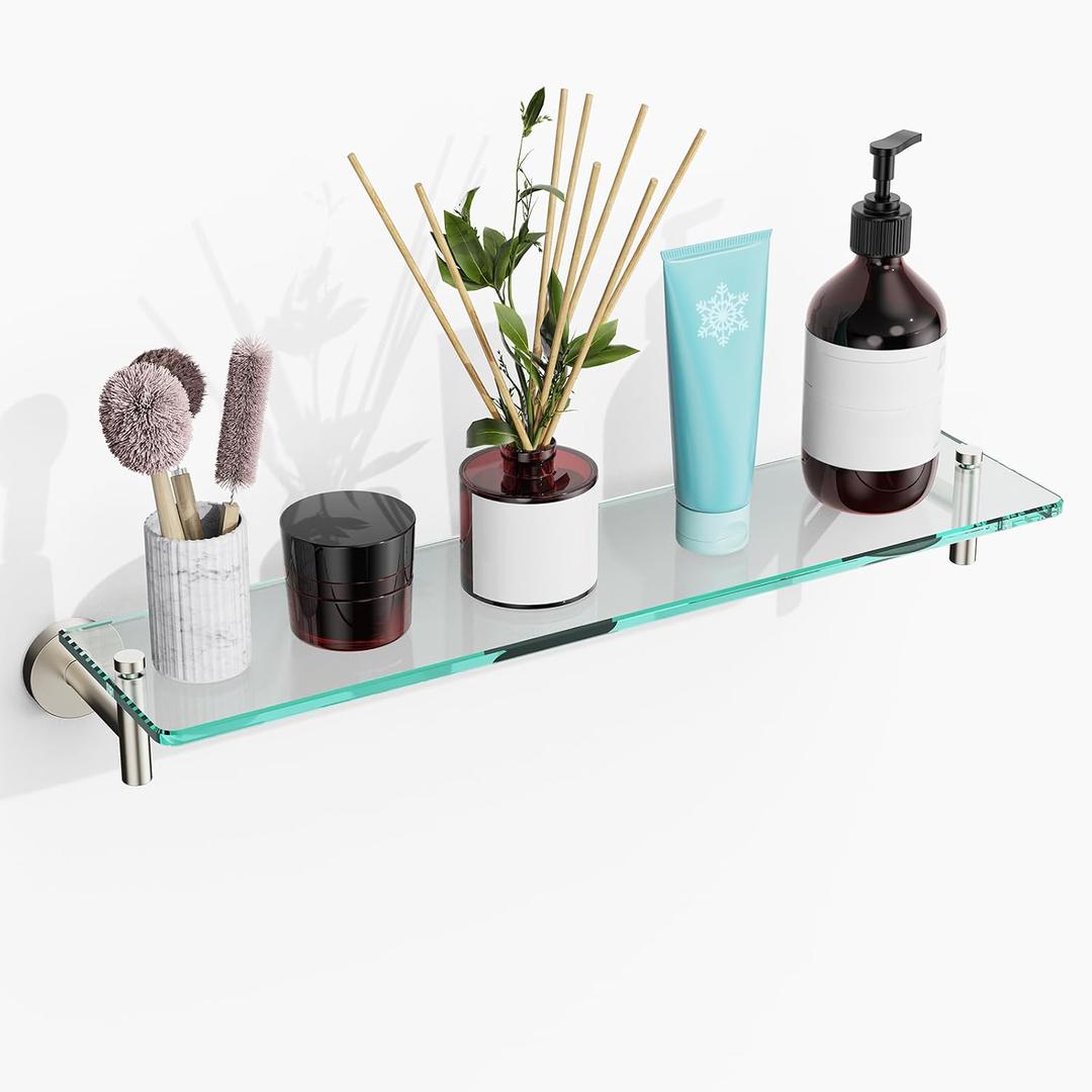 Glass Shelves for Bathroom,20-Inch Brushed Nickel Floating Bathroom Shelf Stainless Steel Tempered Glass Shelf Modern Shelves Wall Mounted