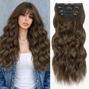 ALXNAN Clip in Long Wavy Synthetic Hair Extension 24 Inch Light Chestnut Brown 4PCS Thick Hairpieces Fiber Double Weft Hair for Women